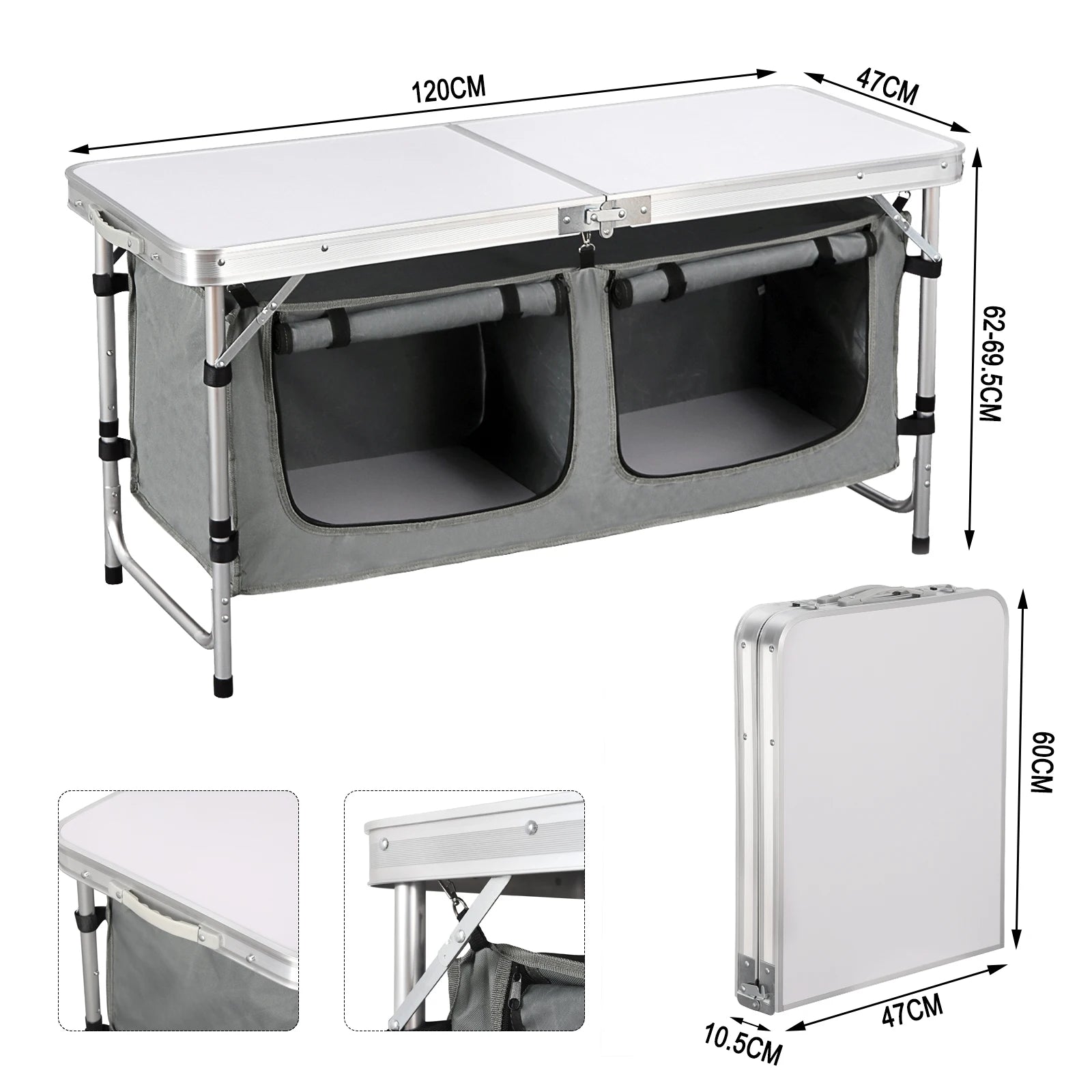 Inklapbare Tafel – Camping – Vouwtafel Buiten – Opvouwbaar  - met Opbergtas - en Kastjes - 180 x 70 x 74 cm – voor Tuin - BBQ - Zwart Grijs - QUORE