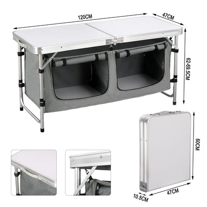 Inklapbare Tafel – Camping – Vouwtafel Buiten – Opvouwbaar  - met Opbergtas - en Kastjes - 180 x 70 x 74 cm – voor Tuin - BBQ - Zwart Grijs - QUORE