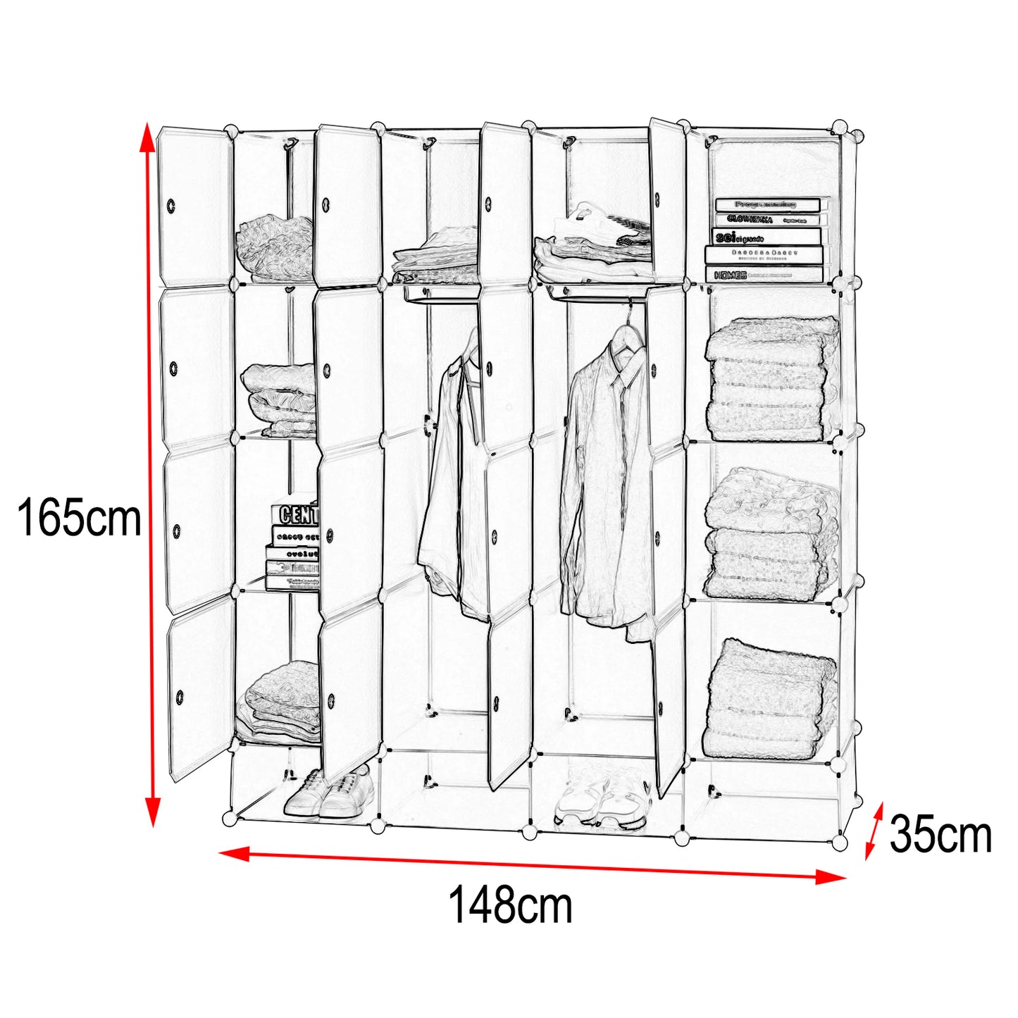 Opbergkast voor Slaapkamer - Kast - Archiefkast - Kantoorkast - 14 Kubussen – Met 2 Kledingroedes – Modulair Ontwerp voor Speelgoed, Boeken & Schoenen - Zwart & Wit