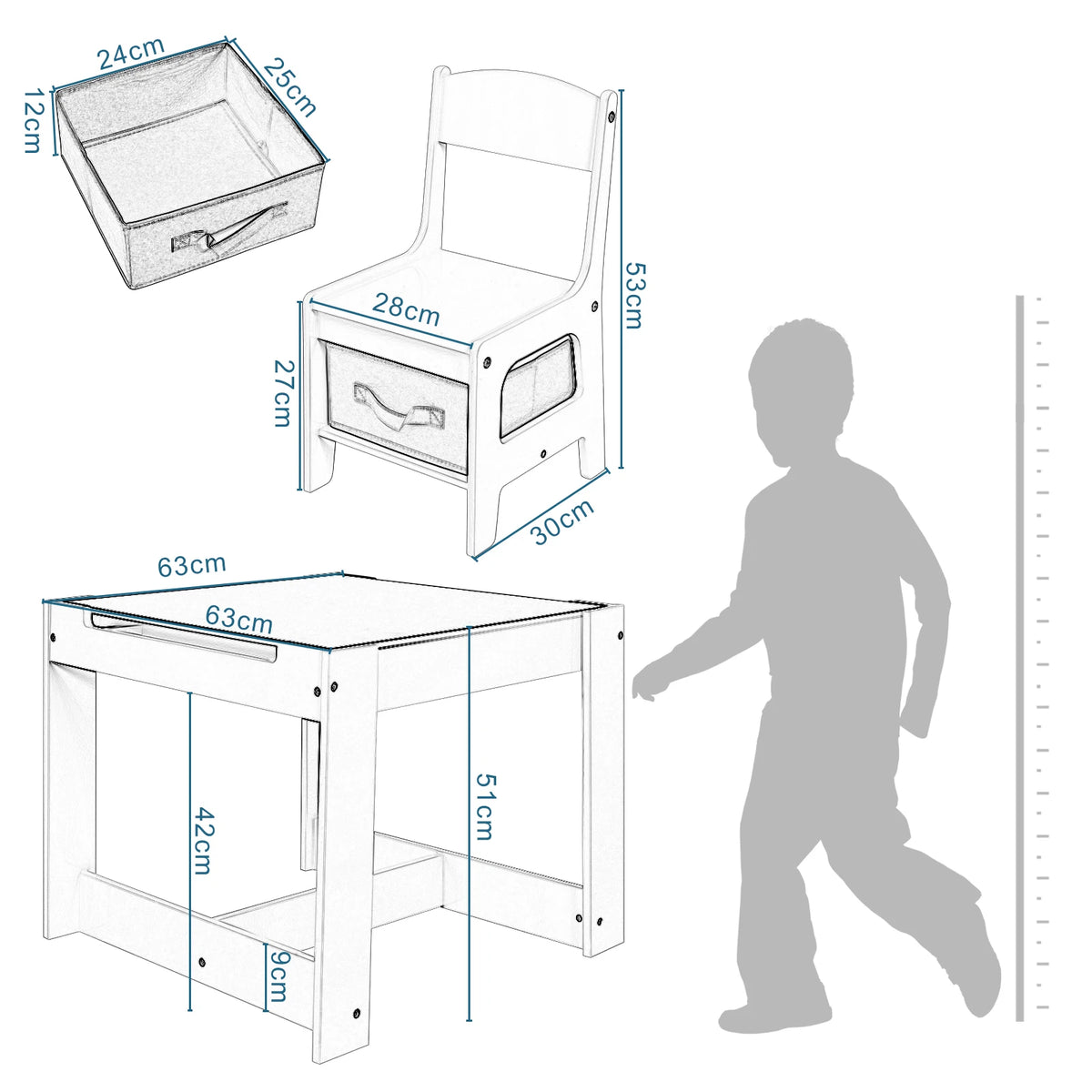 3-in-1 - Kindertafel -  kindertafel en Stoeltjes - Kindertafel en Stoelen Set – Omkeerbaar Tafelblad - Inclusief Opberglades - Tekenpapierrol – Houten Speeltafel -  voor Peuters & Kleuters - 63x63x51cm -  Wit - QUORE