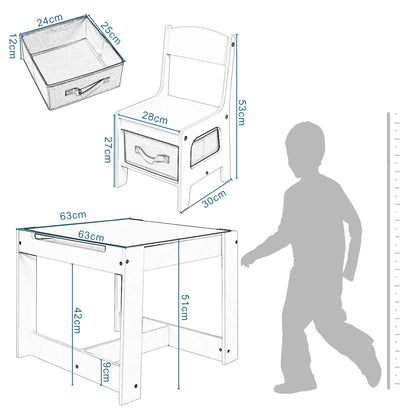 3-in-1 - Kindertafel -  kindertafel en Stoeltjes - Kindertafel en Stoelen Set – Omkeerbaar Tafelblad - Inclusief Opberglades - Tekenpapierrol – Houten Speeltafel -  voor Peuters & Kleuters - 63x63x51cm -  Wit - QUORE