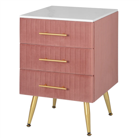 Bijzettafel - Bedtafel - Nachtkastje - Slaapkamer tafel - Nachtkastje met lades - slaapkamer meubilair - 3 Laden - 80kg - Roze - QUORE