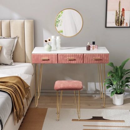 Luxe Kaptafel met Spiegel en Krukje - Moderne Dressoir - Wit / Roze - 3 Lades - 100 x 40 x 77 cm - Make Up Tafel