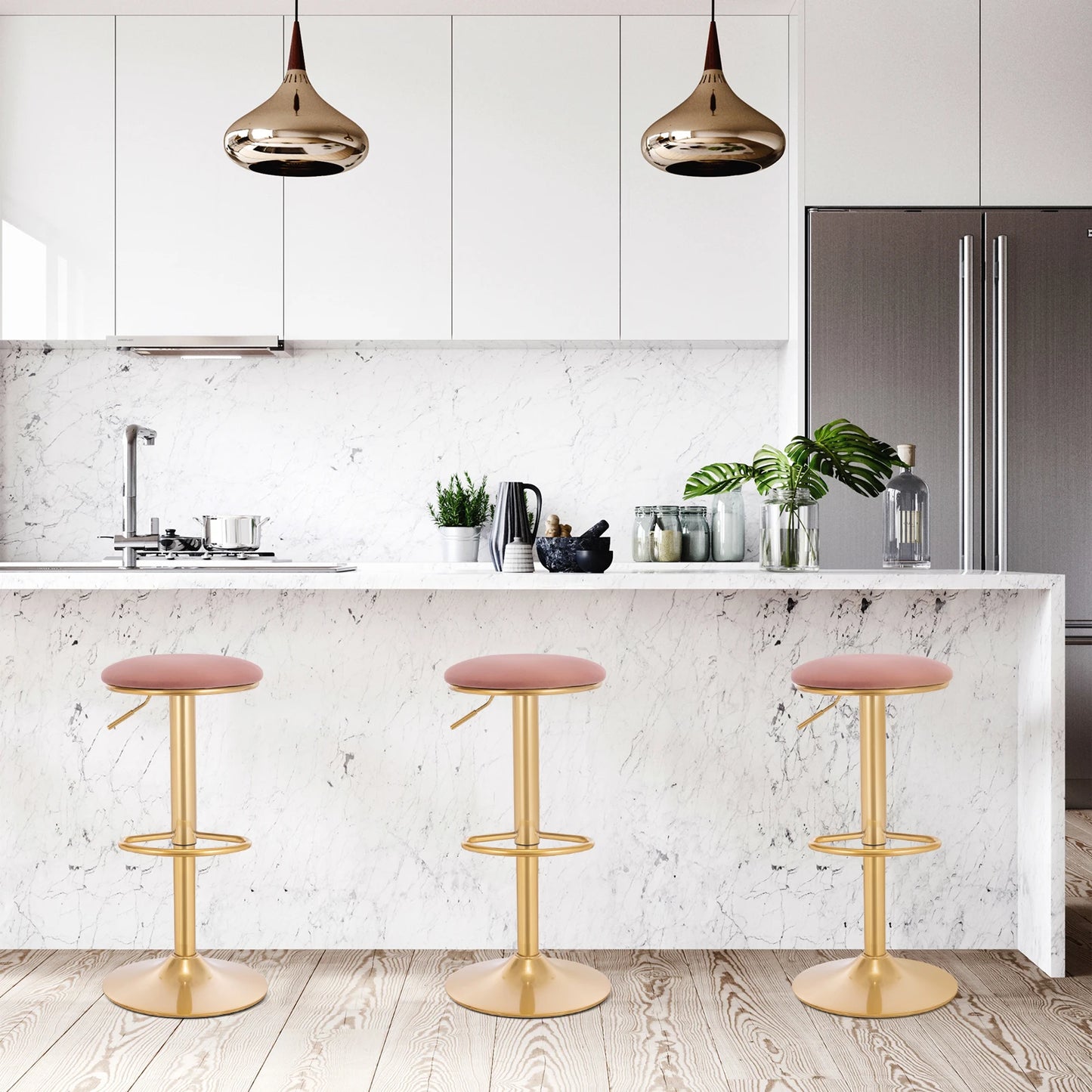Barkruk Met Voetsteun – Ronde Zitting – 360° Draaibare Bar Kruk – In Hoogte Verstelbare Eetkruk – Moderne Barkruk Voor Keuken, Eetkamer, Bar of Café – Grijs - Goud Design - QUORE