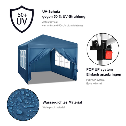 Paviljoen - Tuinpaviljoen - Partytent - Tuintent - Pop-up Kliksysteem - Stabiel - Opvouwbaar - Waterdicht - Winterbestendig - 50+UV-Bescherming - voor Tuin - Buiten - Achtertuin - 210D Oxford-doek - Ijzeren Buis - 5~10M² - 3 x 3 m - Blauw