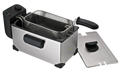 Elektrische friteuse - Vermogen - Regelbare Thermostaat - Uitneembare Mand met Anti-Scald Grip - Roestvrijstalen Deksel -  Afvoerkraan en Geurfilter - 2200W - 3L