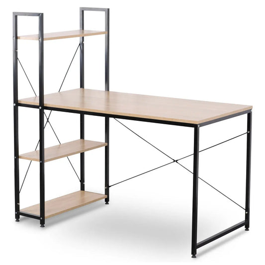 Bureau - Hoekbureau - Computertafel - Office Bureau - met 4 Planken – Compact Werkstation –Voor Gaming - Studeren - Kantoor – Laptop of PC Tafel – E1 Hout & Metaal – 120x64x120 cm - Licht Eiken en Zwart
