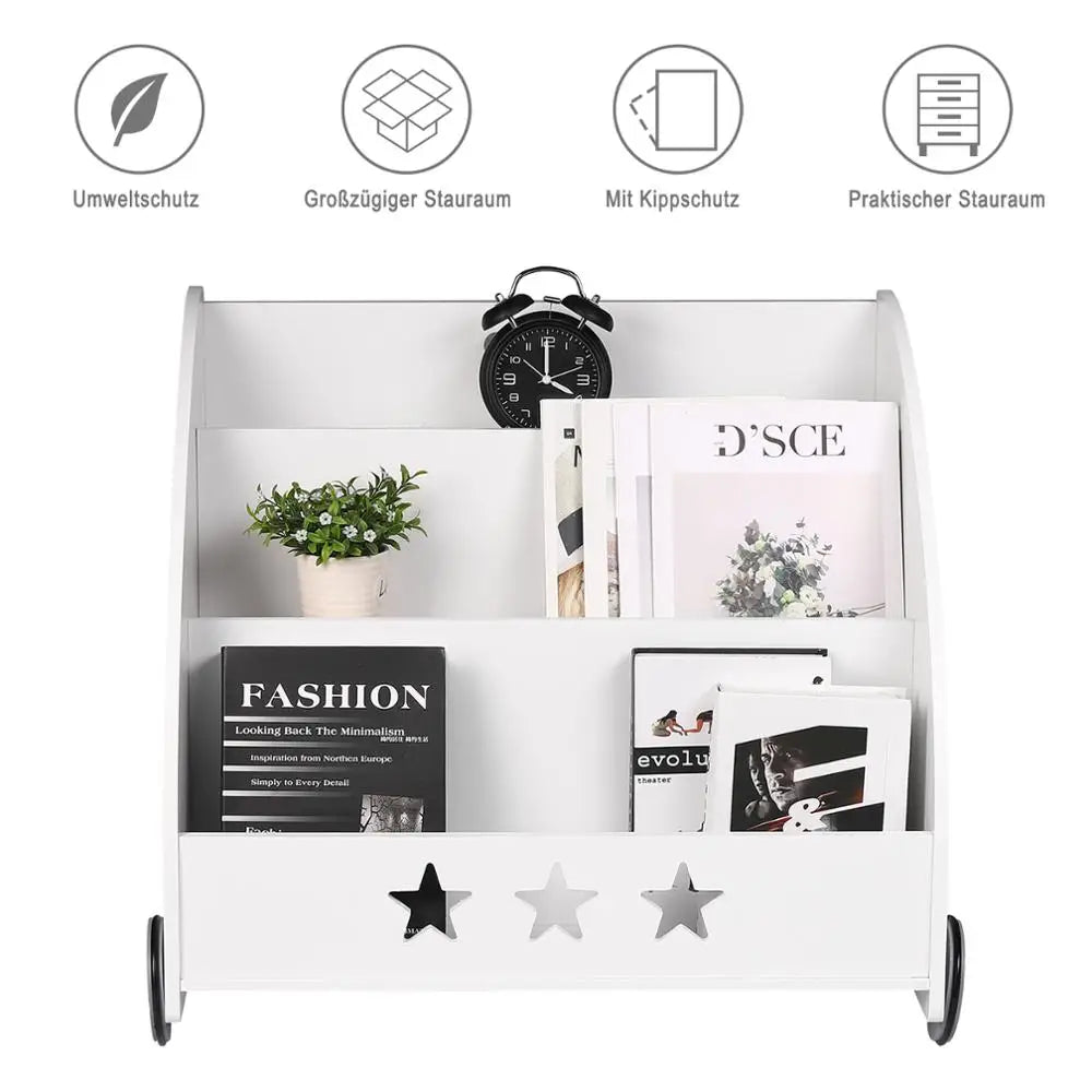 Kinderboekenkast - Boekenkast - Kinderkast - Boekenrek - met Wielen - Opbergkast met 3 Planken – Multifunctionele Organizer voor Kinderkamers - Wit