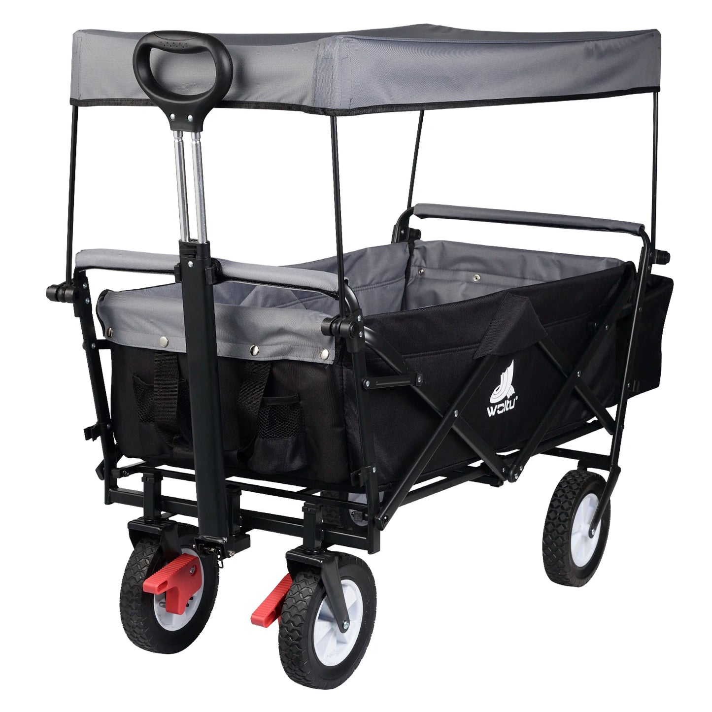 Tuinkar – Opvouwbare - met Dak - Wagen - Strand - Bolder - Boodschappen - Transport - Remwielen - Stalen Frame –Zonbescherming - Heavy-duty - Draagbare Trolley - Draagvermogen 80kg - Antraciet