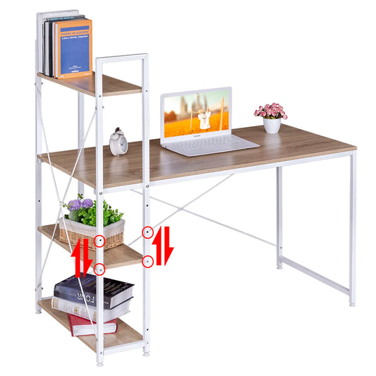 Bureau - Hoekbureau - Computertafel - Office Bureau - met 4 Planken – Compact Werkstation –Voor Gaming - Studeren - Kantoor – Laptop of PC Tafel – E1 Hout & Metaal – 120x64x120 cm - Licht Eiken en Wit