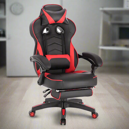 Ergonomische Gaming- en Bureaustoel – Comfortabele Werkstoel – Verstelbare Rugleuning – Voetensteun – Kunstleer – Maximale Draagkracht 120 Kg – Zwenkwielen - Rood