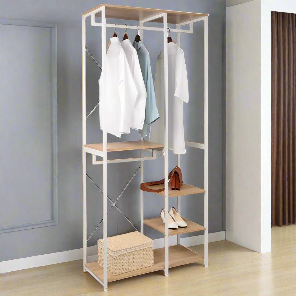 Kledingrek - Kledinghangers - Kledingrek Metaal - Houten Stalen Kapstok – Vrijstaande Kledinghanger - met Opslagplanken - Schoenenrek voor Slaapkame - 90x40x204.5cm - Wit en Licht Eiken - QUORE