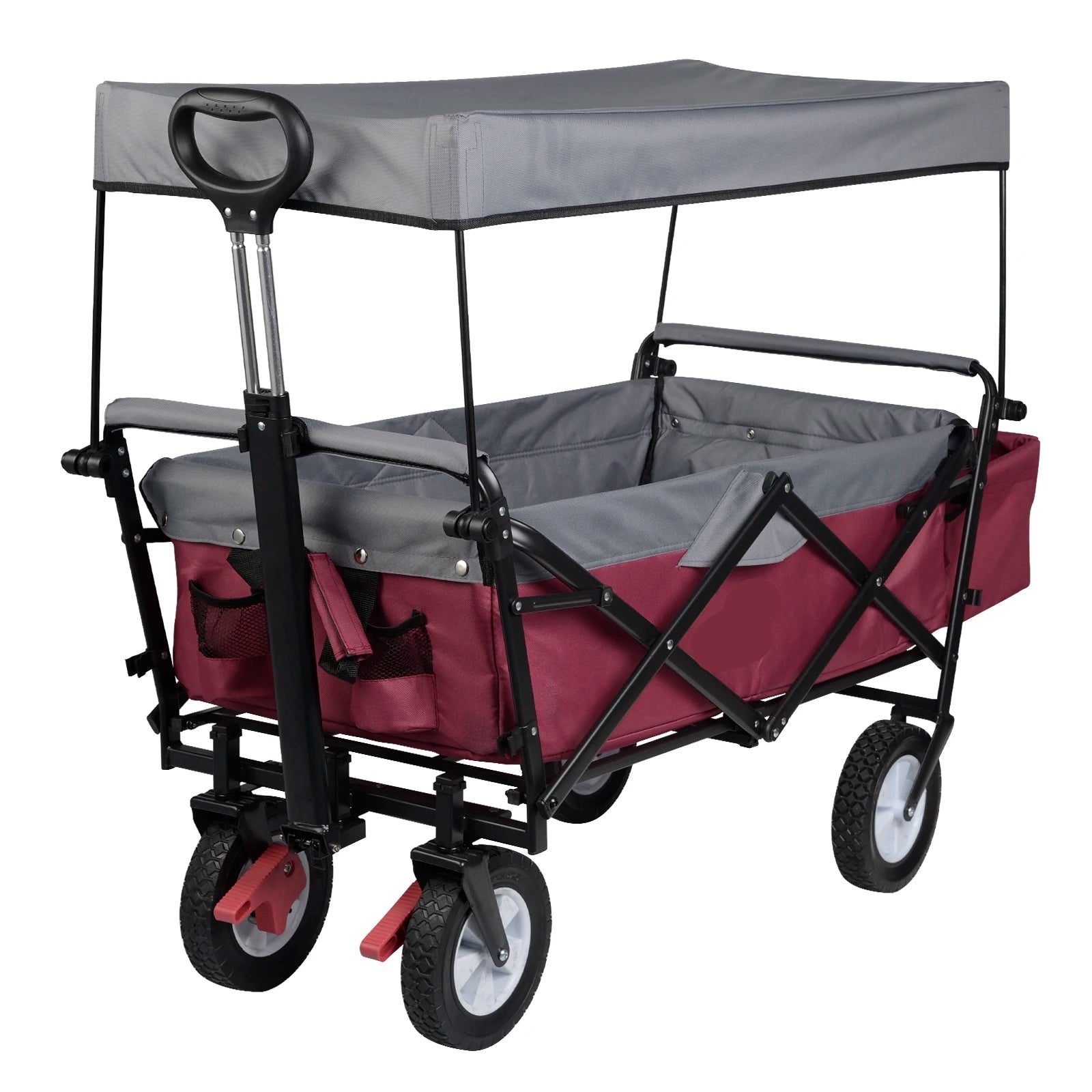 Bolderkar - Tuinwagen - Opvouwbare Bolderkarren - Tuinkarren - Kar - 80 kg Capaciteit - 100L - Met Dak, Wielen & Rem – Transportkar voor Zonbescherming, Camping & Kinderen - Fuchsia - QUORE