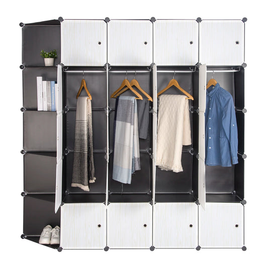 Large Wardrobe - DIY Storage Cabinet with Doors - Wardrobe - 4 Clothes Rails - 13 Storage Compartments - Clothes - Shoes - Books - Modern - 185x185x35 cm - Easy Assembly - Black White