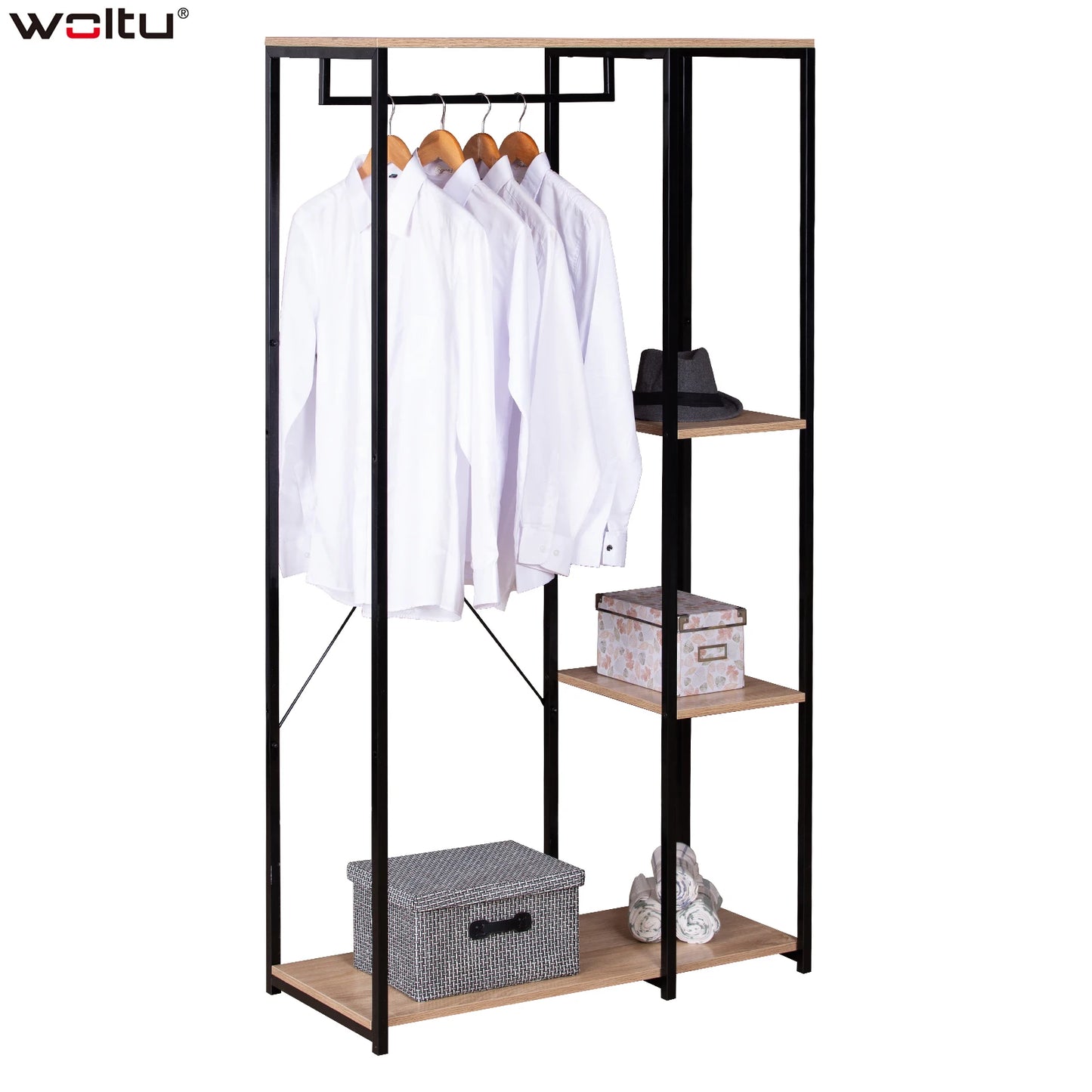 Kledingrek - Loftstijl - Kledingmeubel - Slaapkamer - Halkast - Schoenen Opbergen - Industrial style - Wardrobe - Luxe Rek Voor Kleding - Jassen ophangen - Hout Staal Kledingrek - Zwart en licht eiken - QUORE