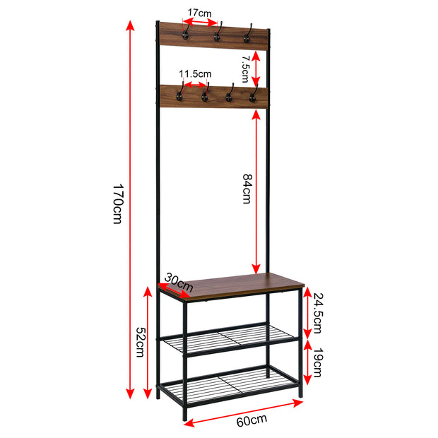 Kapstok met Schoenenrek – Kledingrek - Opbergrekken - 7 Haken - Vrijstaande - Stabiele Garderobestandaard – Rek Organiser - Metaal - MDF-Plaat - 60x31,5x170cm - Zwart Donkerbruin