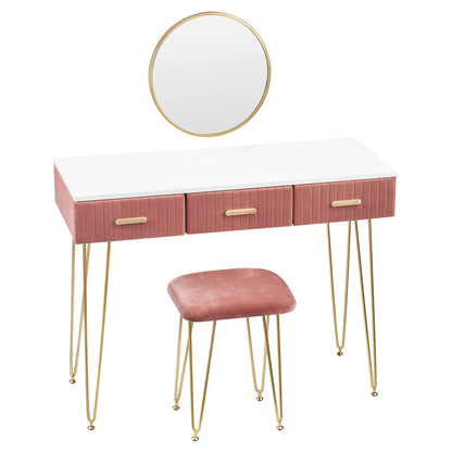 Luxe Kaptafel met Spiegel en Krukje - Moderne Dressoir - Wit / Roze - 3 Lades - 100 x 40 x 77 cm - Make Up Tafel