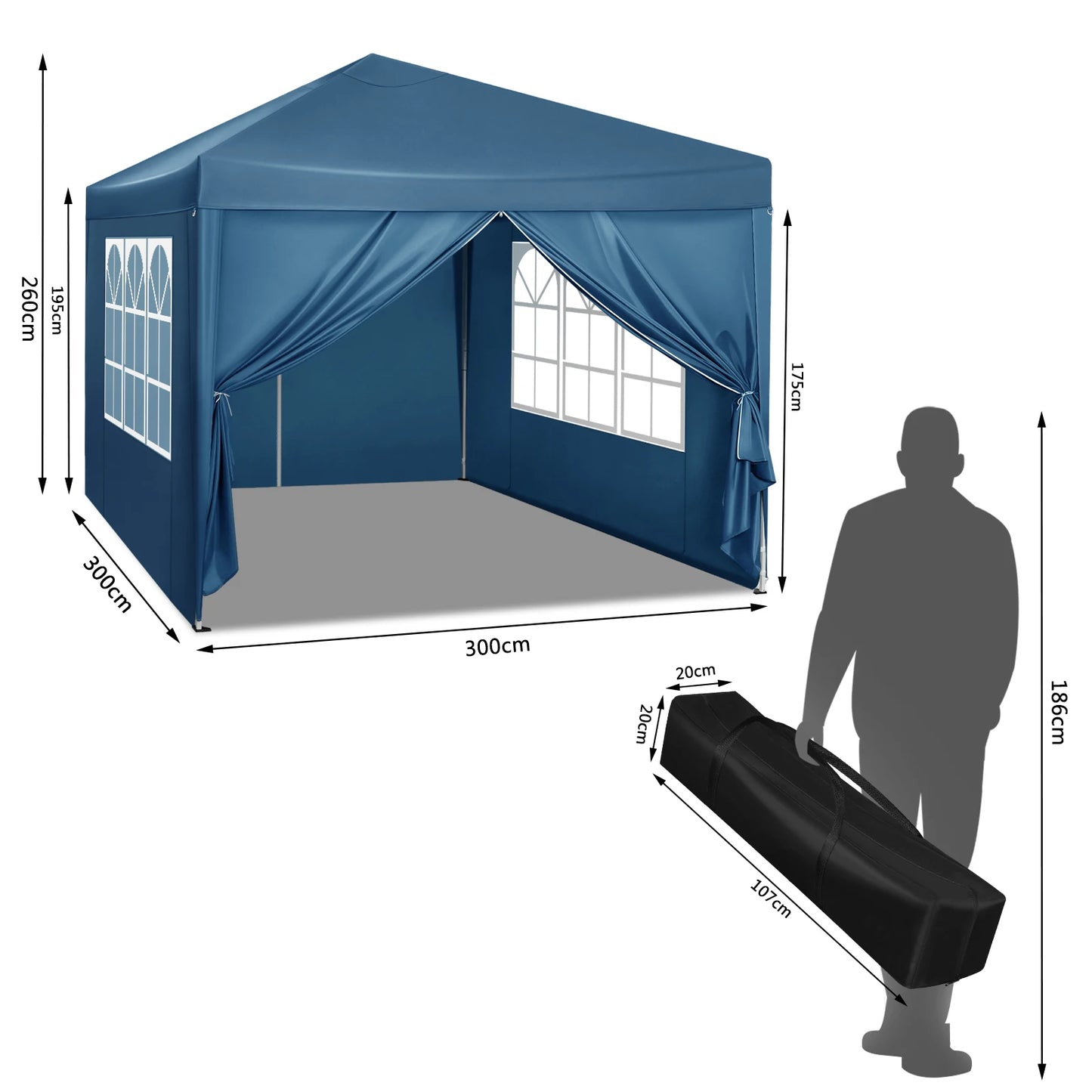 Paviljoen - Tuinpaviljoen - Partytent - Tuintent - Pop-up Kliksysteem - Stabiel - Opvouwbaar - Waterdicht - Winterbestendig - 50+UV-Bescherming - voor Tuin - Buiten - Achtertuin - 210D Oxford-doek - Ijzeren Buis - 5~10M² - 3 x 3 m - Blauw