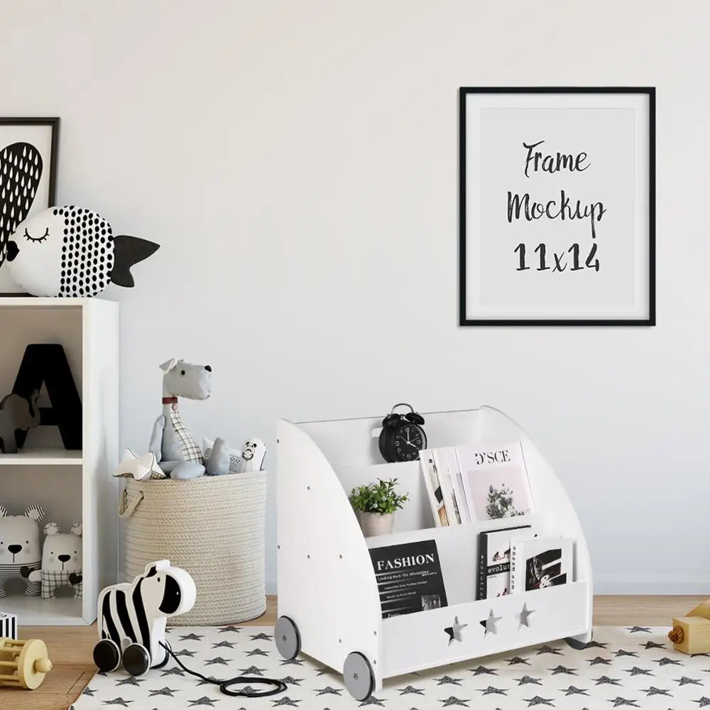 Kinderboekenkast - Boekenkast - Kinderkast - Boekenrek - met Wielen - Opbergkast met 3 Planken – Multifunctionele Organizer voor Kinderkamers - Wit