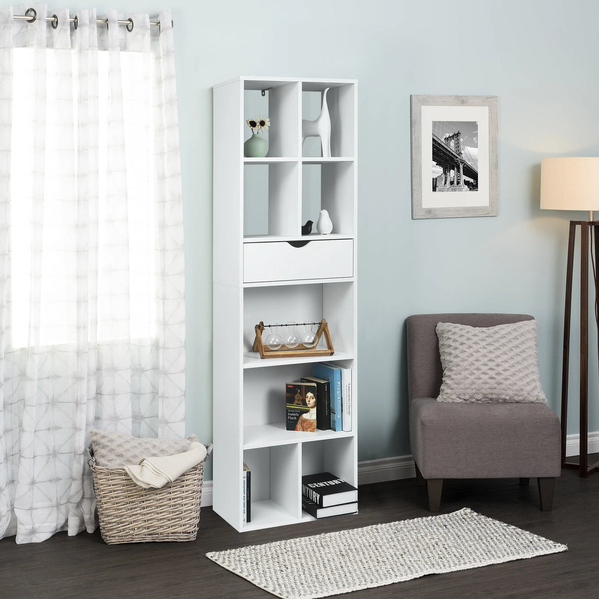 Boekenkast met Lade – Vakkenkast - Boekenrek - Open Kast – Vrijstaande - Opbergkast - Roomdivider – 6 Vakken - 1 Lade - 50x24x168cm - Wit - QUORE