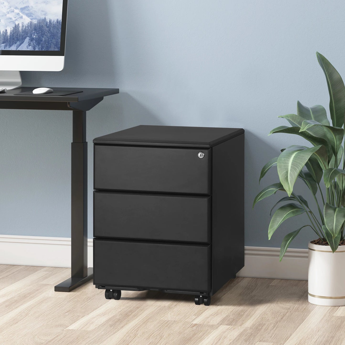 Mobiele Archiefkast - Metalen Kast - Kantoorkast - Opbergkasten - 3 Lades – Lockable & Verstelbare Hangmappen – Zwart
