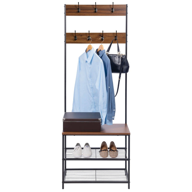 Kapstok met Schoenenrek – Kledingrek - Opbergrekken - 7 Haken - Vrijstaande - Stabiele Garderobestandaard – Rek Organiser - Metaal - MDF-Plaat - 60x31,5x170cm - Zwart Donkerbruin