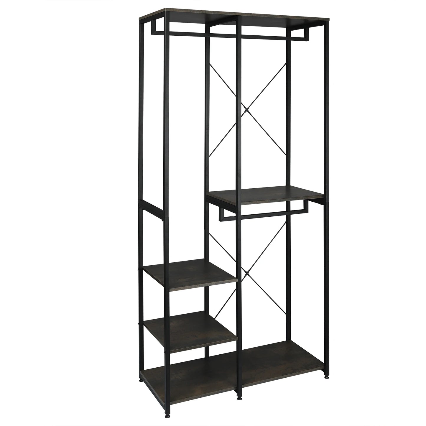 Kledingrek - Kledinghangers - Kledingrek Metaal - Houten Stalen Kapstok – Vrijstaande Kledinghanger - met Opslagplanken - Schoenenrek voor Slaapkame - 90x40x204.5cm - Zwart en Roest - QUORE