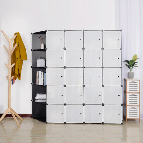 Grote Kledingkast - DIY Opbergkast met Deuren - Garderobekast - 4 Kledingroedes - 13 Opbergvakken - Kleding - Schoenen - Boeken - Moderne - 185x185x35 cm - Eenvoudige Montage - Zwart Wit