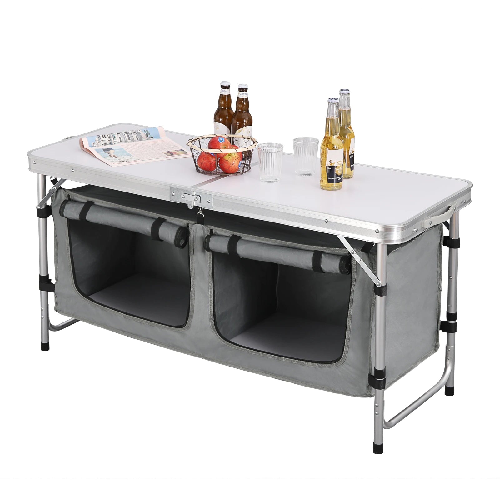 Inklapbare Tafel – Camping – Vouwtafel Buiten – Opvouwbaar  - met Opbergtas - en Kastjes - 180 x 70 x 74 cm – voor Tuin - BBQ - Zwart Grijs - QUORE