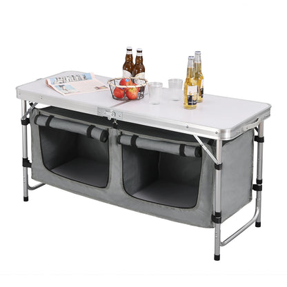 Inklapbare Tafel – Camping – Vouwtafel Buiten – Opvouwbaar  - met Opbergtas - en Kastjes - 180 x 70 x 74 cm – voor Tuin - BBQ - Zwart Grijs - QUORE