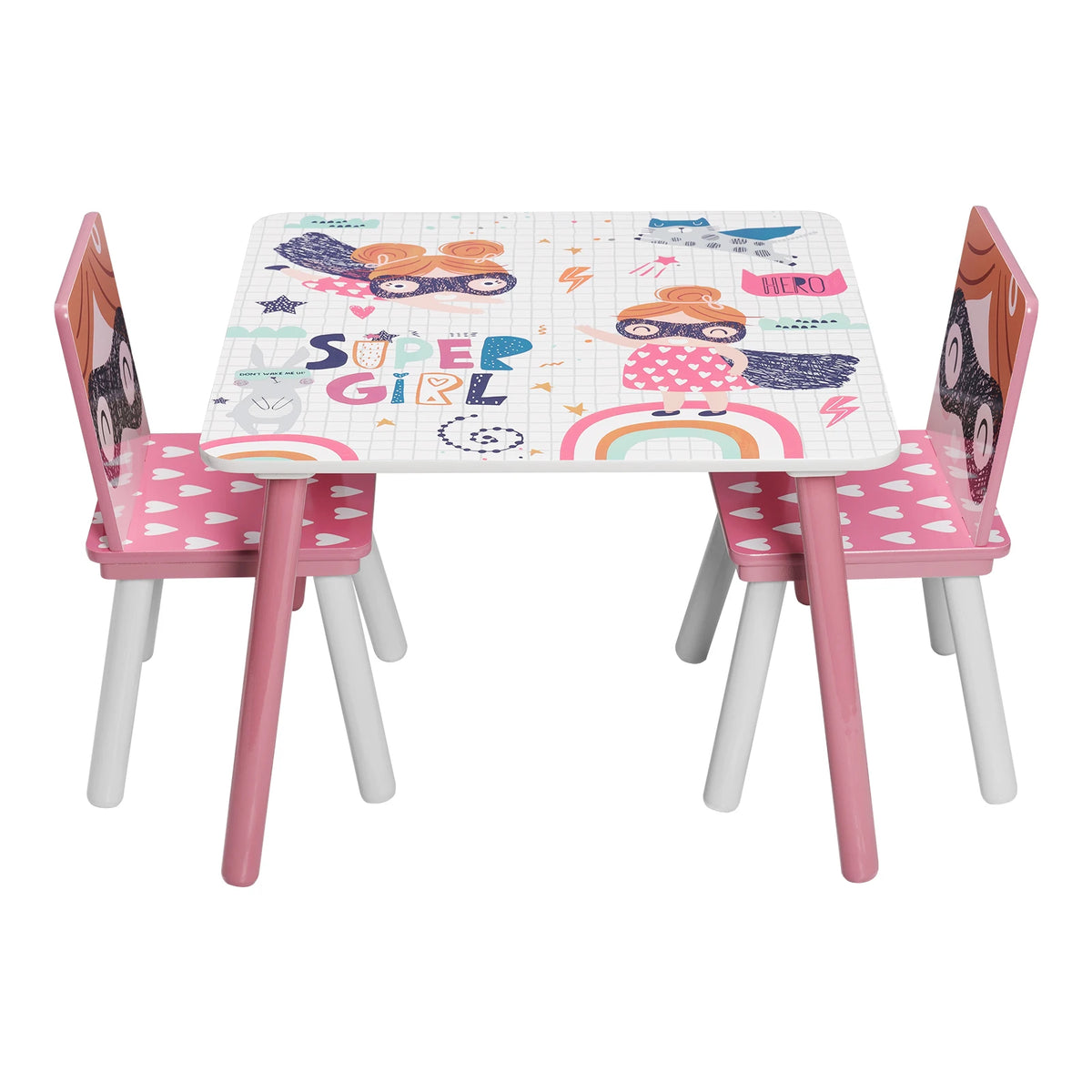 Kindertafel - Kindermeubilair - Kindertafel en Stoelen Set – Houten Speeltafel met 2 Stoelen - Sterk en Duurzaam - Perfect voor Tekenen - Spelen - Eten – Kindermeubilair - voor Slaapkamer - Speelkamer - 60x60x44 cm - Roze - QUORE