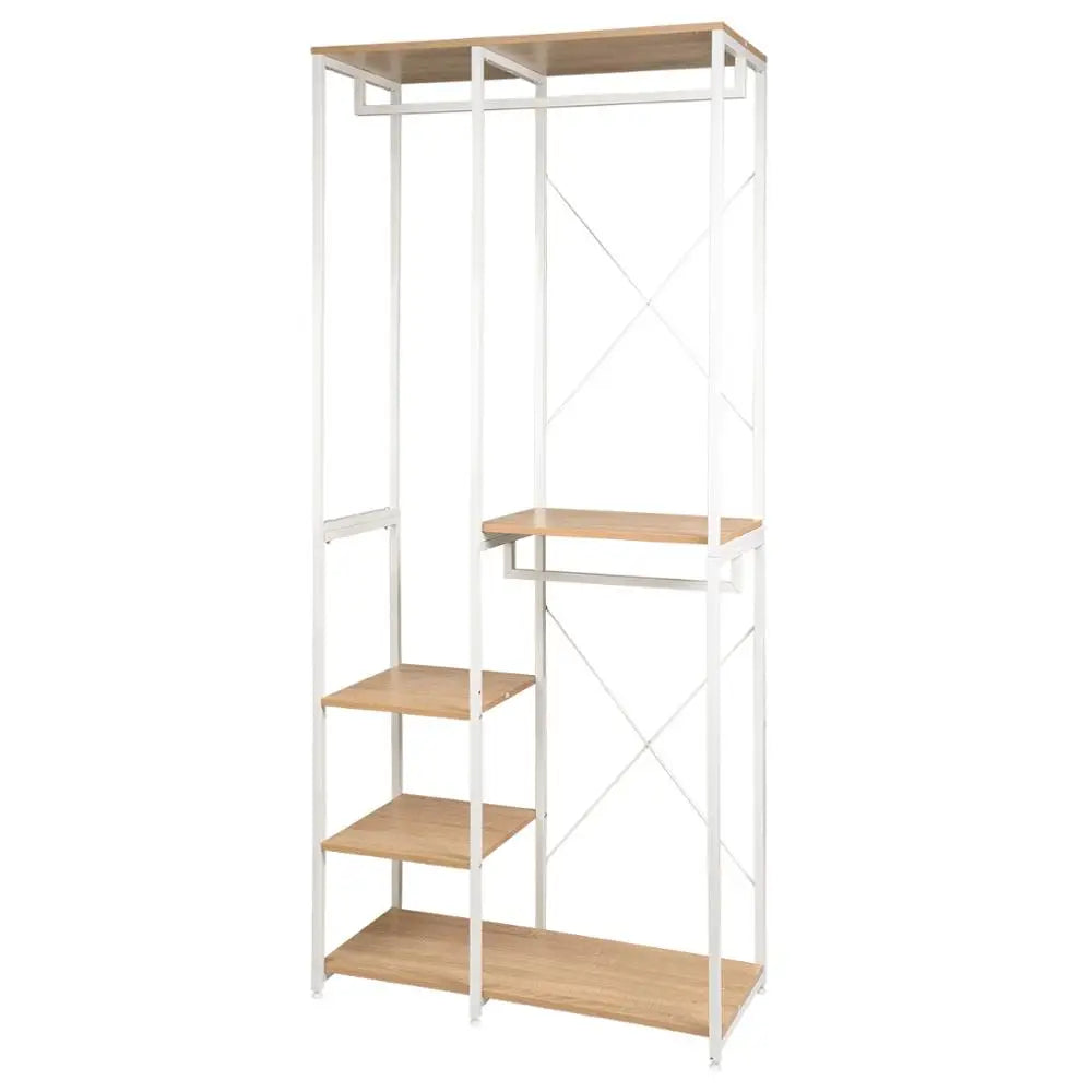 Kledingrek - Kledinghangers - Kledingrek Metaal - Houten Stalen Kapstok – Vrijstaande Kledinghanger - met Opslagplanken - Schoenenrek voor Slaapkame - 90x40x204.5cm - Wit en Licht Eiken - QUORE
