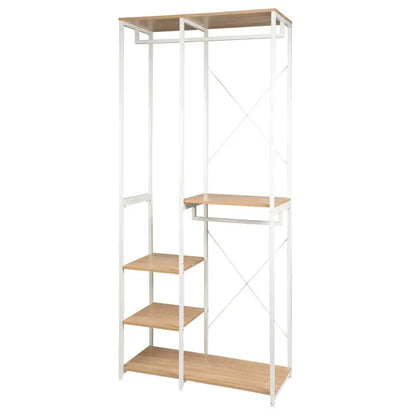 Kledingrek - Kledinghangers - Kledingrek Metaal - Houten Stalen Kapstok – Vrijstaande Kledinghanger - met Opslagplanken - Schoenenrek voor Slaapkame - 90x40x204.5cm - Wit en Licht Eiken - QUORE