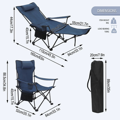 Kampeerstoel - Opvouwbare Campingstoel - Strandstoel - Verstelbare Rugleuning - Met Voetensteun - 2-in-1 Design - Lichtgewicht en Draagbaar - Voor Strand - Tuin en Outdoor - Grijs