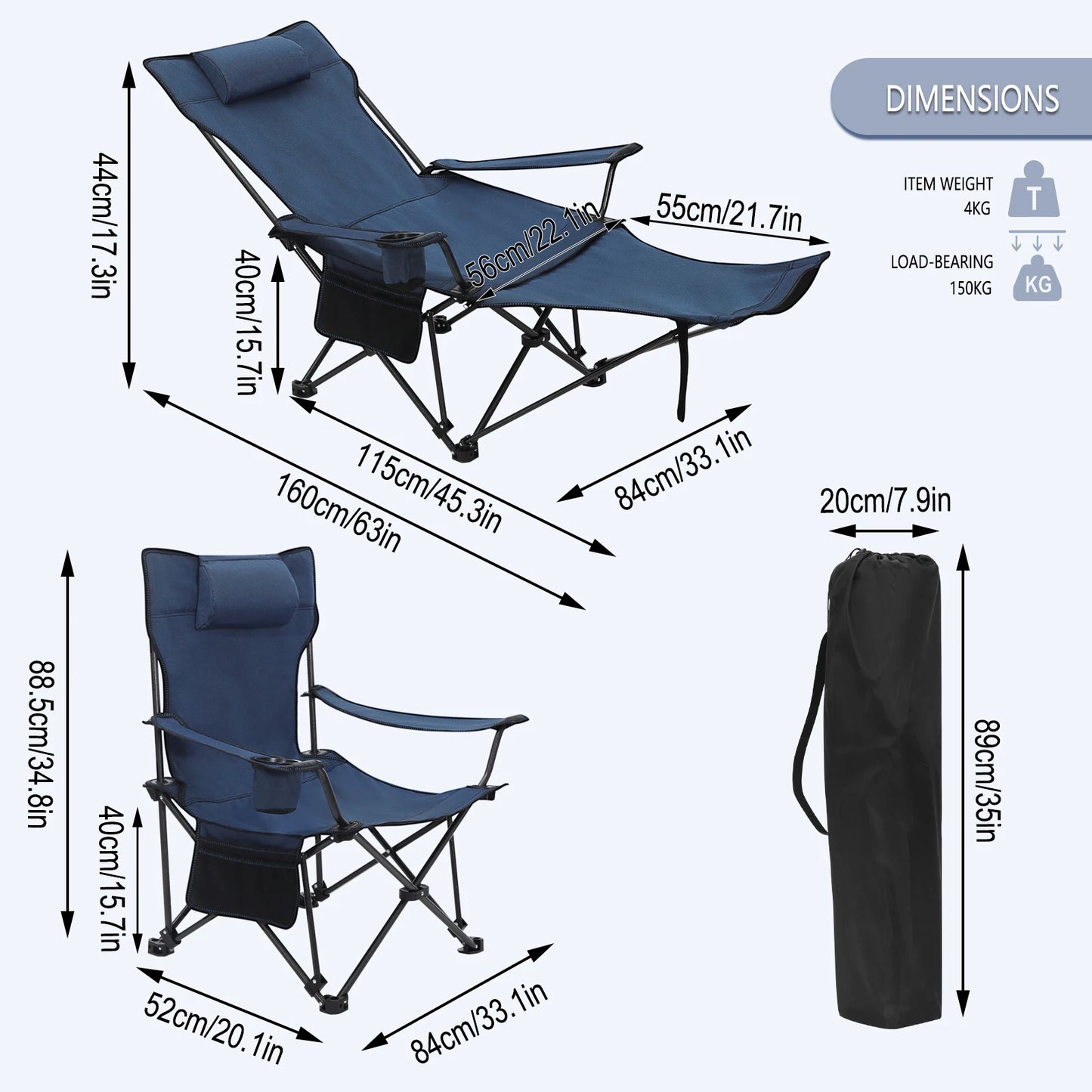 Kampeerstoel - Opvouwbare Campingstoel - Strandstoel - Verstelbare Rugleuning - Met Voetensteun - 2-in-1 Design - Lichtgewicht en Draagbaar - Voor Strand - Tuin en Outdoor - Blauw
