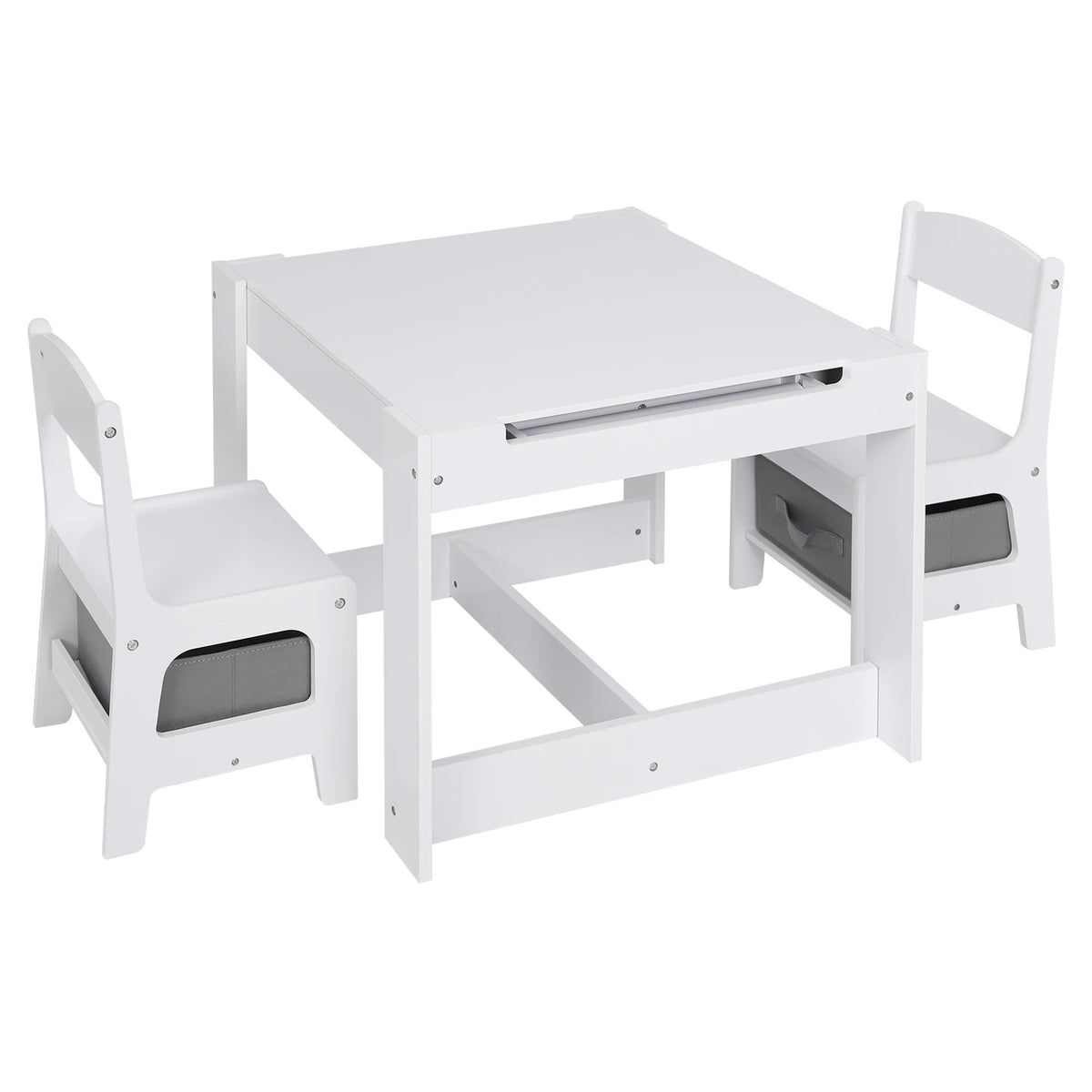 3-in-1 - Kindertafel -  kindertafel en Stoeltjes - Kindertafel en Stoelen Set – Omkeerbaar Tafelblad - Inclusief Opberglades - Tekenpapierrol – Houten Speeltafel -  voor Peuters & Kleuters - 63x63x51cm -  Wit - QUORE