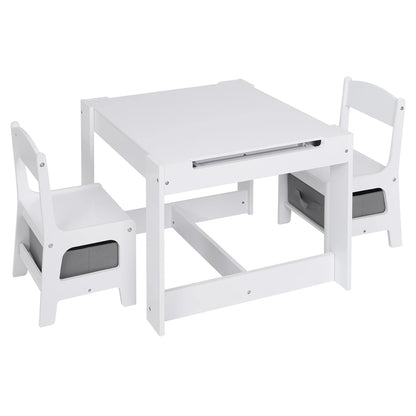 3-in-1 - Kindertafel -  kindertafel en Stoeltjes - Kindertafel en Stoelen Set – Omkeerbaar Tafelblad - Inclusief Opberglades - Tekenpapierrol – Houten Speeltafel -  voor Peuters & Kleuters - 63x63x51cm -  Wit - QUORE