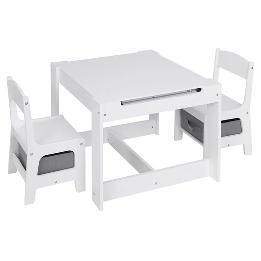 3-in-1 - Kindertafel -  kindertafel en Stoeltjes - Kindertafel en Stoelen Set – Omkeerbaar Tafelblad - Inclusief Opberglades - Tekenpapierrol – Houten Speeltafel -  voor Peuters & Kleuters - 63x63x51cm -  Wit - QUORE