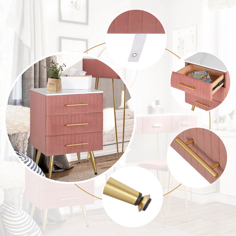 Bijzettafel - Bedtafel - Nachtkastje - Slaapkamer tafel - Nachtkastje met lades - slaapkamer meubilair - 3 Laden - 80kg - Roze