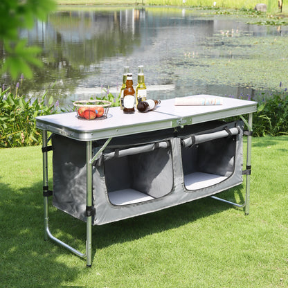 Inklapbare Tafel – Camping – Vouwtafel Buiten – Opvouwbaar  - met Opbergtas - en Kastjes - 180 x 70 x 74 cm – voor Tuin - BBQ - Zwart Grijs - QUORE
