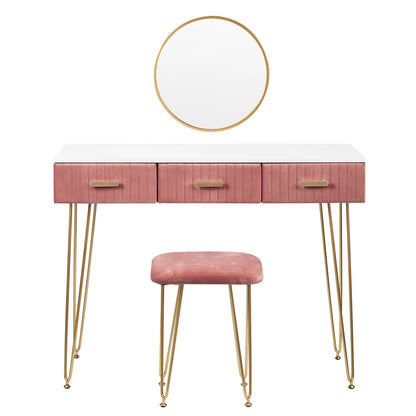Luxe Kaptafel met Spiegel en Krukje - Moderne Dressoir - Wit / Roze - 3 Lades - 100 x 40 x 77 cm - Make Up Tafel
