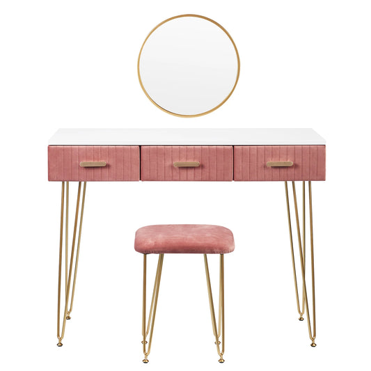 Luxe Kaptafel met Spiegel en Krukje - Moderne Dressoir - Wit / Roze - 3 Lades - 100 x 40 x 77 cm - Make Up Tafel