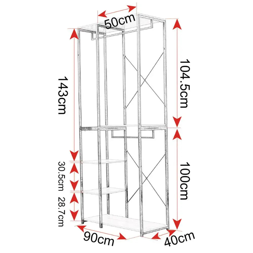 Kledingrek - Kledinghangers - Kledingrek Metaal - Houten Stalen Kapstok – Vrijstaande Kledinghanger - met Opslagplanken - Schoenenrek voor Slaapkame - 90x40x204.5cm - Wit en Licht Eiken - QUORE