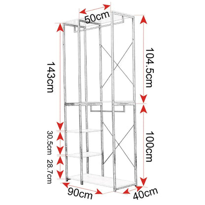 Kledingrek - Kledinghangers - Kledingrek Metaal - Houten Stalen Kapstok – Vrijstaande Kledinghanger - met Opslagplanken - Schoenenrek voor Slaapkame - 90x40x204.5cm - Zwart en Roest - QUORE