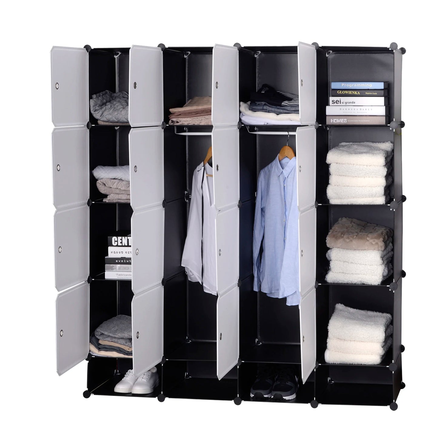 Opbergkast voor Slaapkamer - Kast - Archiefkast - Kantoorkast - 14 Kubussen – Met 2 Kledingroedes – Modulair Ontwerp voor Speelgoed, Boeken & Schoenen - Zwart & Wit