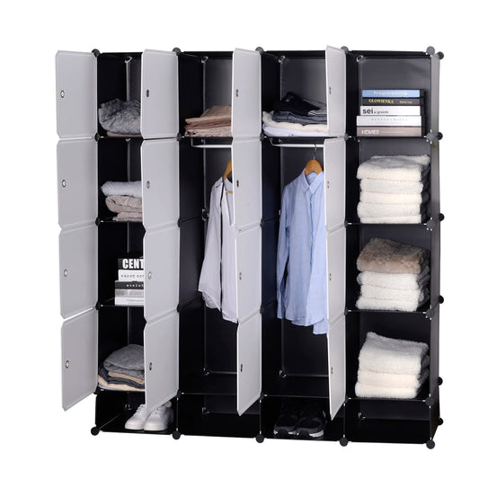 Opbergkast voor Slaapkamer - Kast - Archiefkast - Kantoorkast - 14 Kubussen – Met 2 Kledingroedes – Modulair Ontwerp voor Speelgoed, Boeken & Schoenen - Zwart & Wit