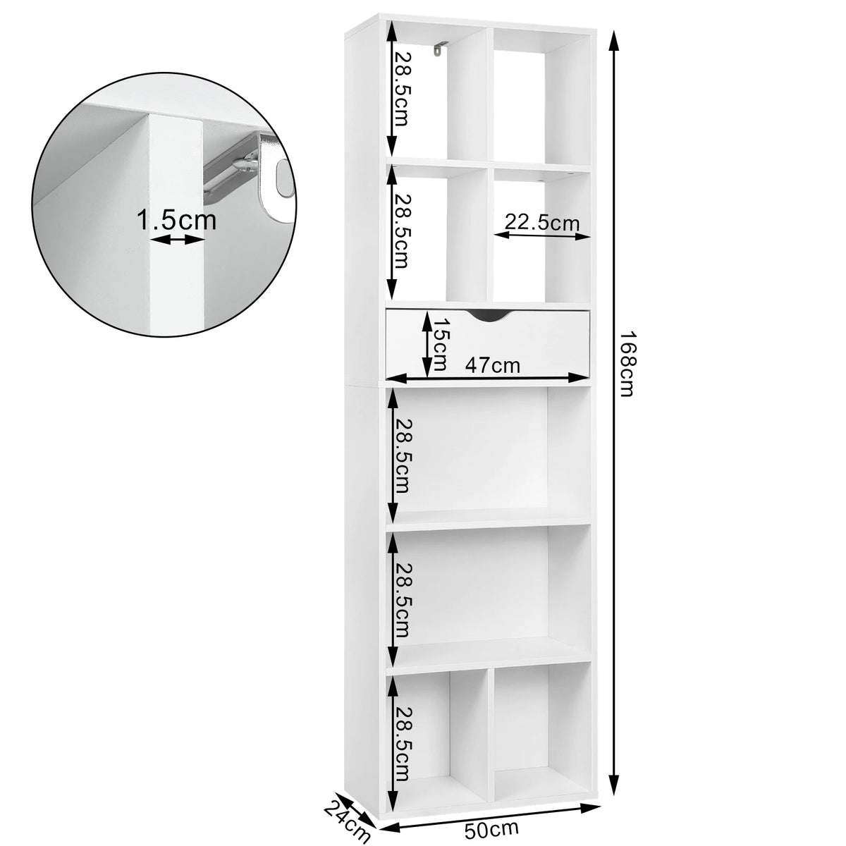 Boekenkast met Lade – Vakkenkast - Boekenrek - Open Kast – Vrijstaande - Opbergkast - Roomdivider – 6 Vakken - 1 Lade - 50x24x168cm - Wit - QUORE