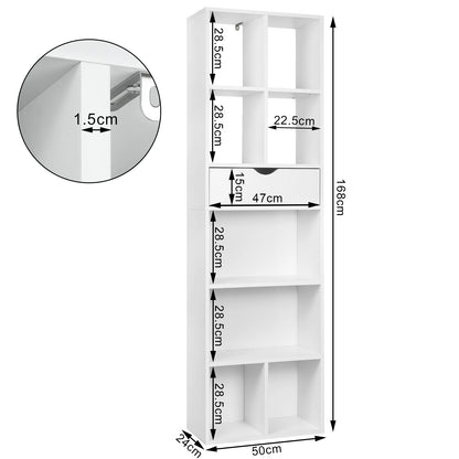 Boekenkast met Lade – Vakkenkast - Boekenrek - Open Kast – Vrijstaande - Opbergkast - Roomdivider – 6 Vakken - 1 Lade - 50x24x168cm - Wit - QUORE