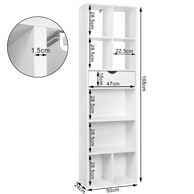 Bookcase with Drawer - Shelving Unit - Bookcase - Open Shelving Unit - Freestanding - Storage Cabinet - Room Divider - 6 Compartments - 1 Drawer - 50x24x168cm - White