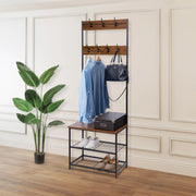 Kapstok met Schoenenrek – Kledingrek - Opbergrekken - 7 Haken - Vrijstaande - Stabiele Garderobestandaard – Rek Organiser - Metaal - MDF-Plaat - 60x31,5x170cm - Zwart Donkerbruin